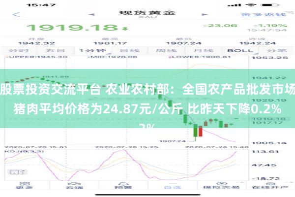 股票投资交流平台 农业农村部：全国农产品批发市场猪肉平均价格为24.87元/公斤 比昨天下降0.2%